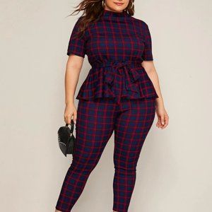 Mock-neck Belted Plaid Peplum Top & Leggings Set
